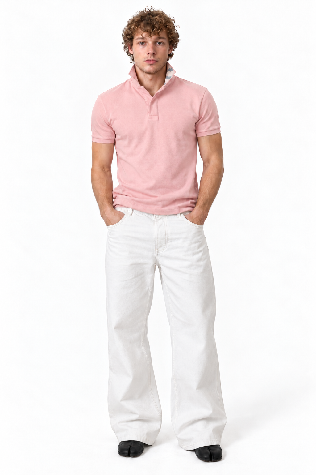Pink polo worn by model